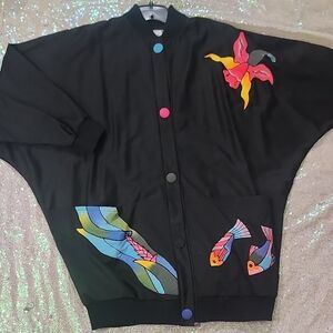 SilkScapes Black Jacket Colorful Fish and Floral Design Hand Painted Silks! Rare